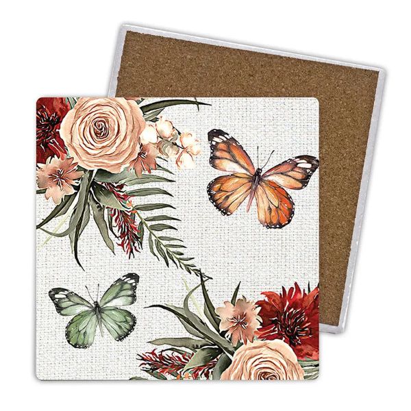 4 Pack Cinnamon Ceramic Butterflies Floral Coaster Gift Box - 10cm x 10cm
