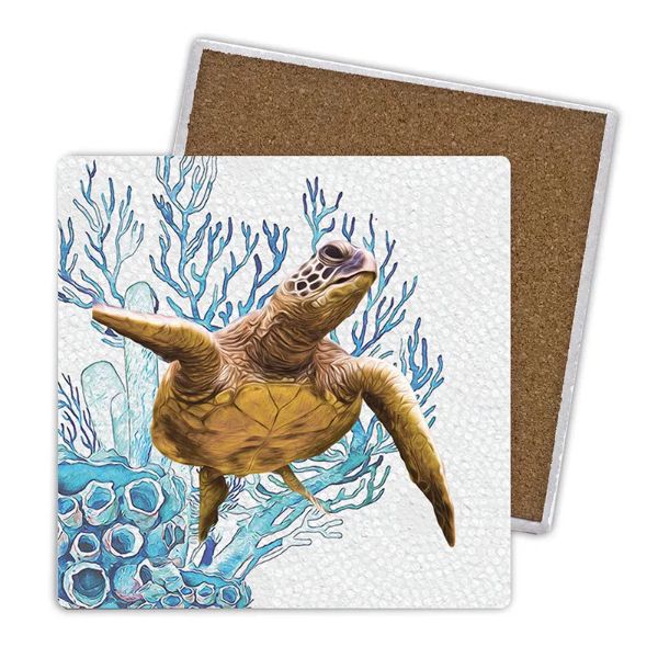 4 Pack Square Ceramic Elliot Turtle Coral Coaster - 10cm x 10cm