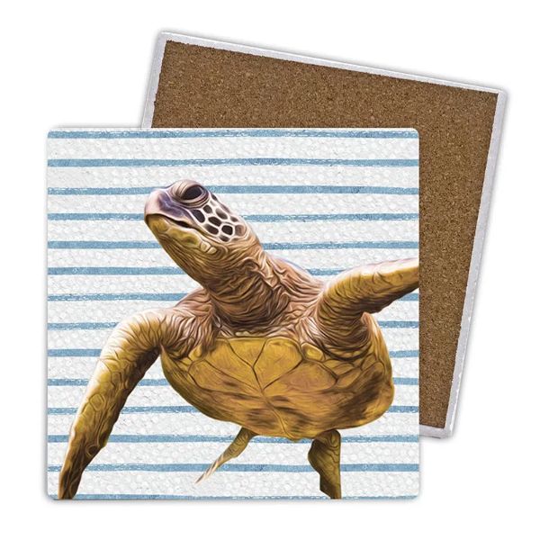 4 Pack Square Ceramic Elliot Turtle & Stripes Coaster - 10cm x 10cm