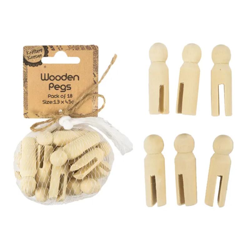 18 Pack Natural Colour Wooden Pegs - 1.3cm x 4.5cm