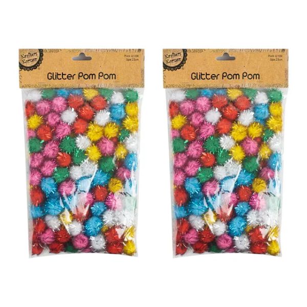 150 Pack Multicolour Glitter Pom Pom - 2.5cm