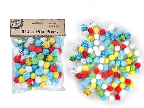 100 Pack Glitter Pom Poms - 32g