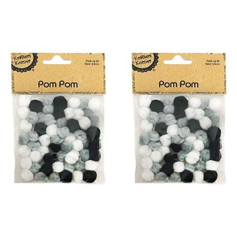 60 Pack Black & White Pom Poms - 1.5cm