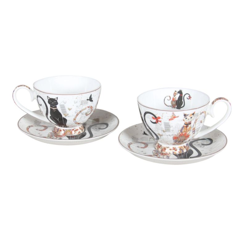 2 Pack Cat Couple Embossed Cups & Saucers Set - 250ml