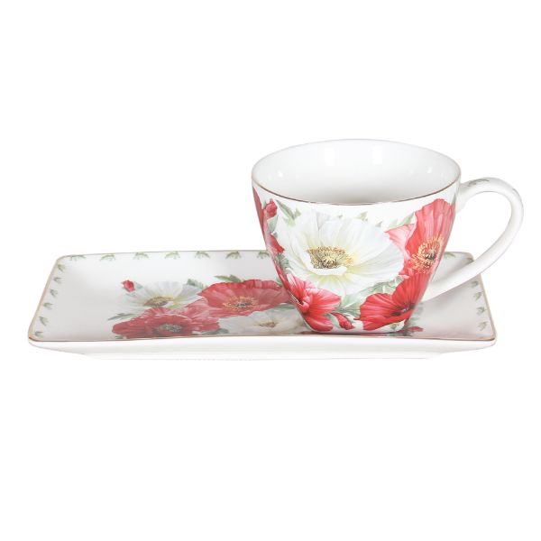 2 Pack New Poppies On White Breakfast Cup & Saucer - 250ml
