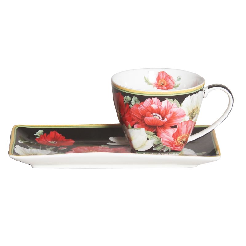 New Poppies on Black Cup & Saucer Breakfast Set - 250ml