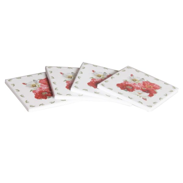 4 Pack New Poppies On White Coasters - 10cm