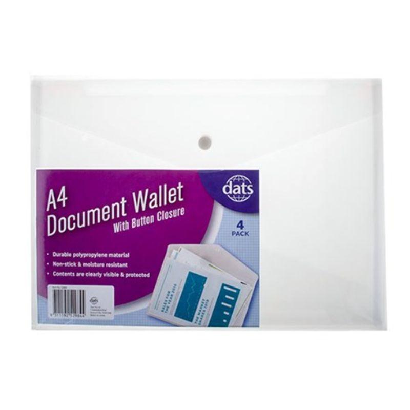 4 Pack Clear Document Wallet with Button Closure A4