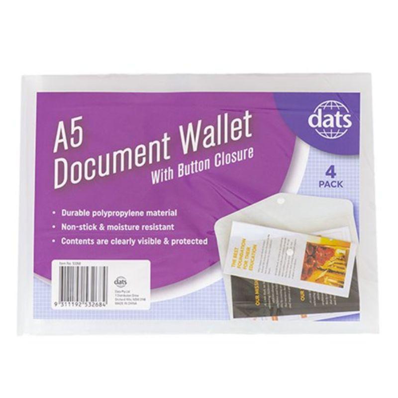 Document Wallet PP w Button Closure A5 4pk Clear