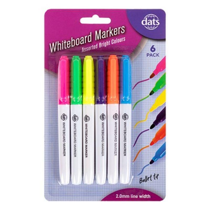 6 Pack Mixed Bright Colours Pen Style Whiteboard Markers