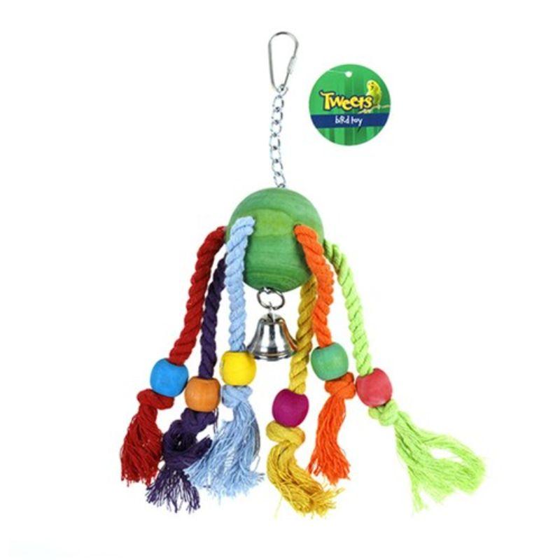 Bird Toy Hanging Wooden Ball with Rope & Bell - 22cm