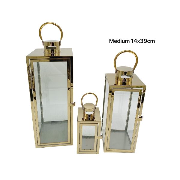 Medium Polish Gold Metal & Glass Lantern - 14cm x 39cm