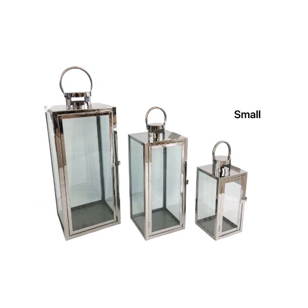 Polish Silver Metal Small Glass Lantern - 10cm x 24.5cm