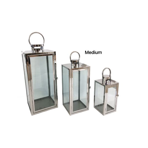 Medium Polish Silver Metal & Glass Lantern - 14cm x 39cm