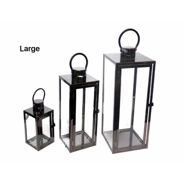 LARGE POLISH BLACK METAL & GLASS LANTERN 18X50CMH