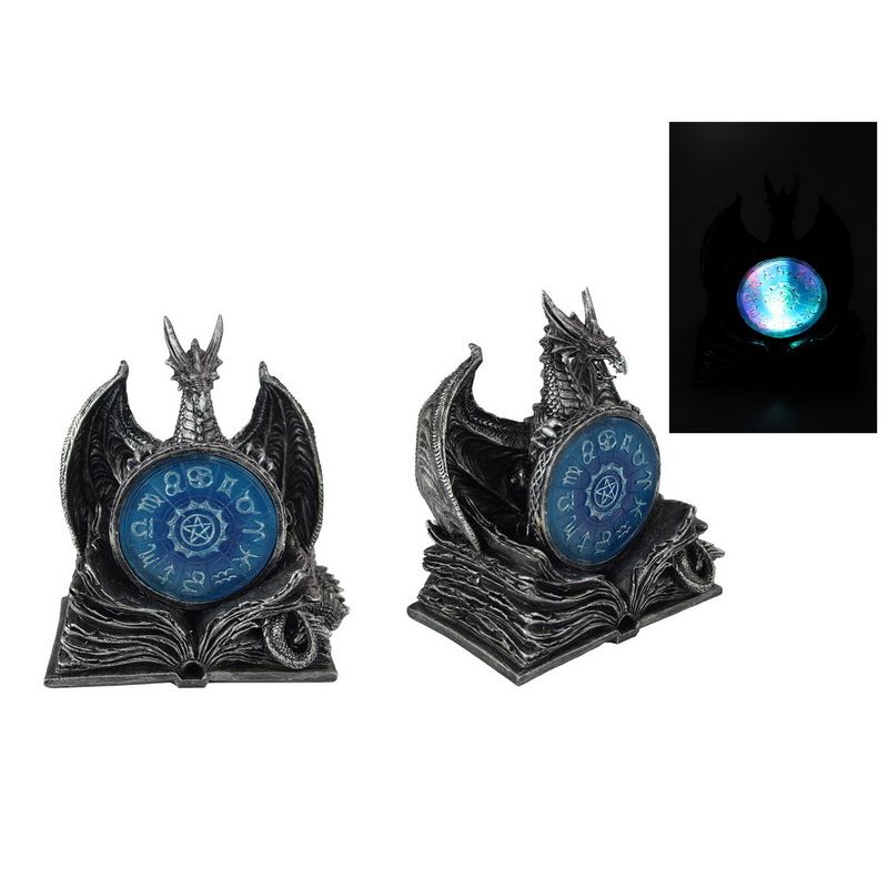 Silver Dragon on Book of Spells Holding Zodiac Light Up Ring - 18cm