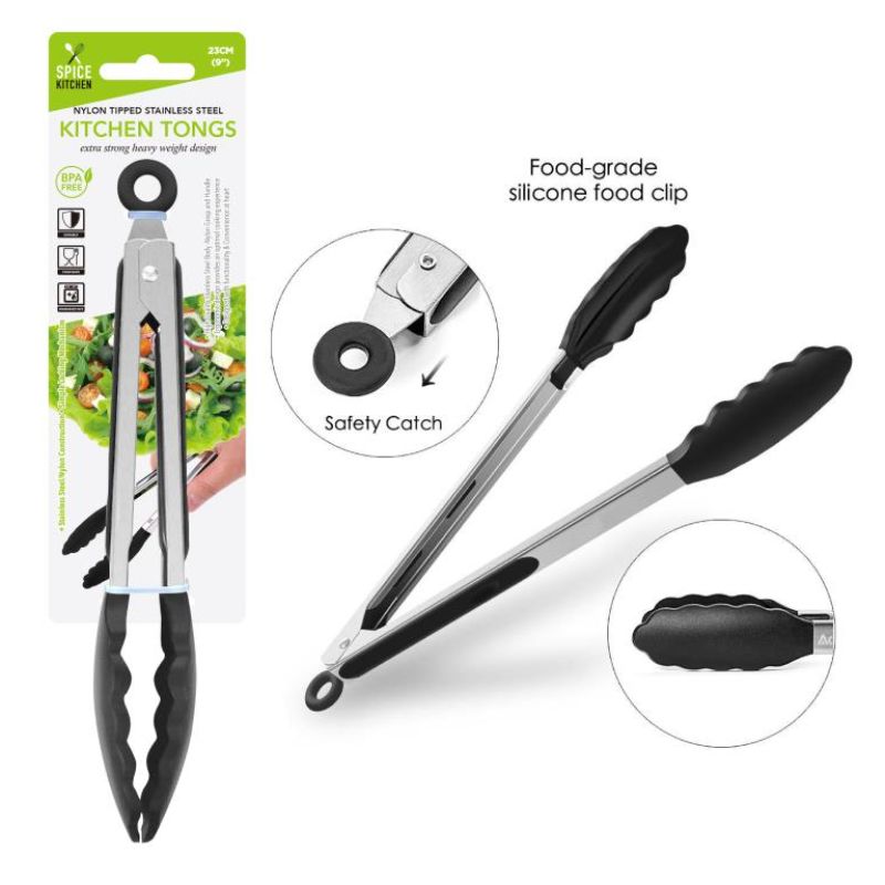 Black Nylon Tipped Premium Stainless Steel Kitchen Tong - 23cm