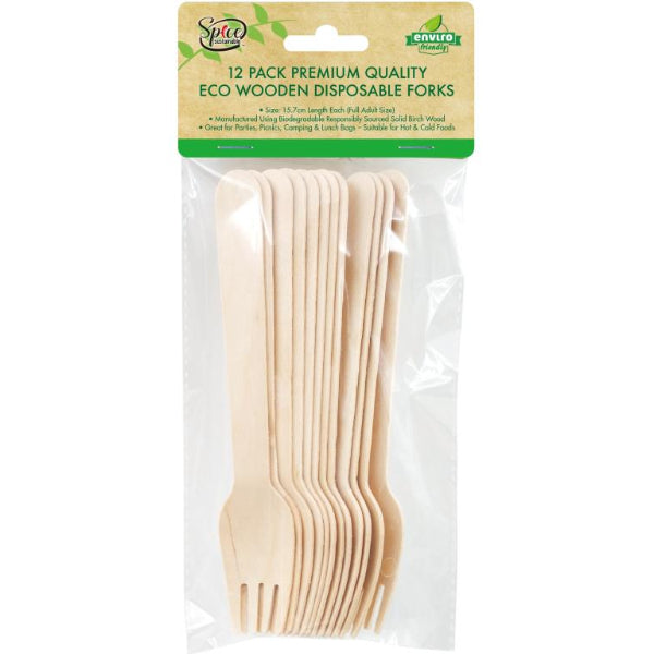 12 Pack Wooden Cutlery Forks - 15.5cm x 3cm
