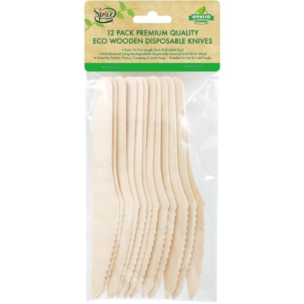 12 Pack Eco Wooden Disposable Knives - 16.7cm