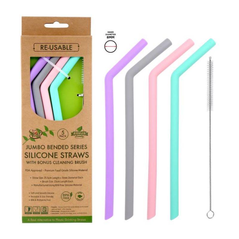 4 Pack Jumbo Bended Seires Reusable Silicone Straws - 25.5cm X 1.1cm