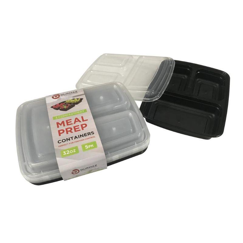 5 Pack Meal Prep 3 Compartment Rectangle Food Storage Containers - 25cm x 19.5cm x 5cm