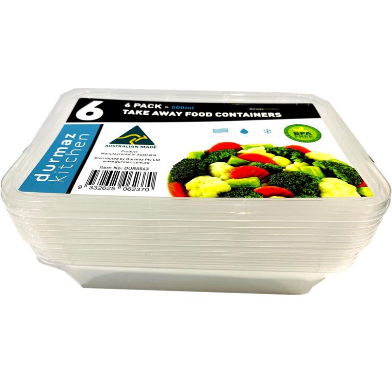 6 Pack Takeaway Food Storage Containers - 500ml
