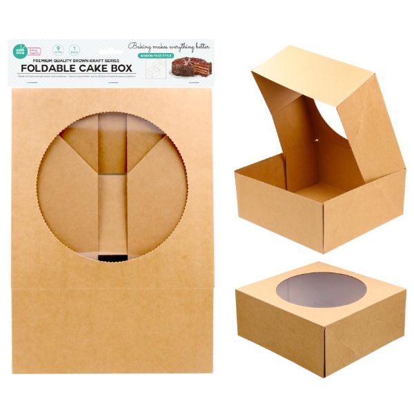 Brown Kraft Foldable Cake Box With Clear Window Lid - 23cm x 23cm x 10cm