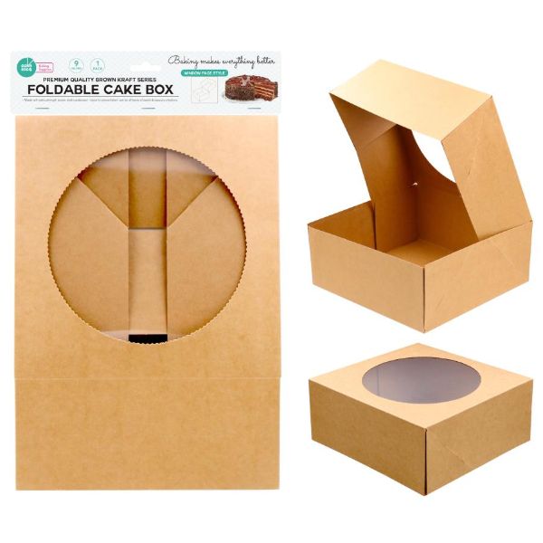 Brown Kraft Foldable Cake Box With Clear Window Lid - 23cm x 23cm x ...