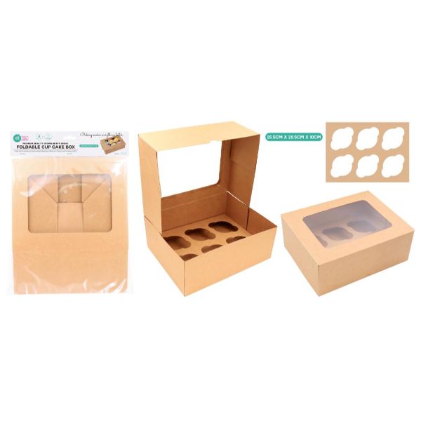 Brown Kraft 6 Section Cup Cake Box With Window Lid - 25cm x 17cm x 8cm