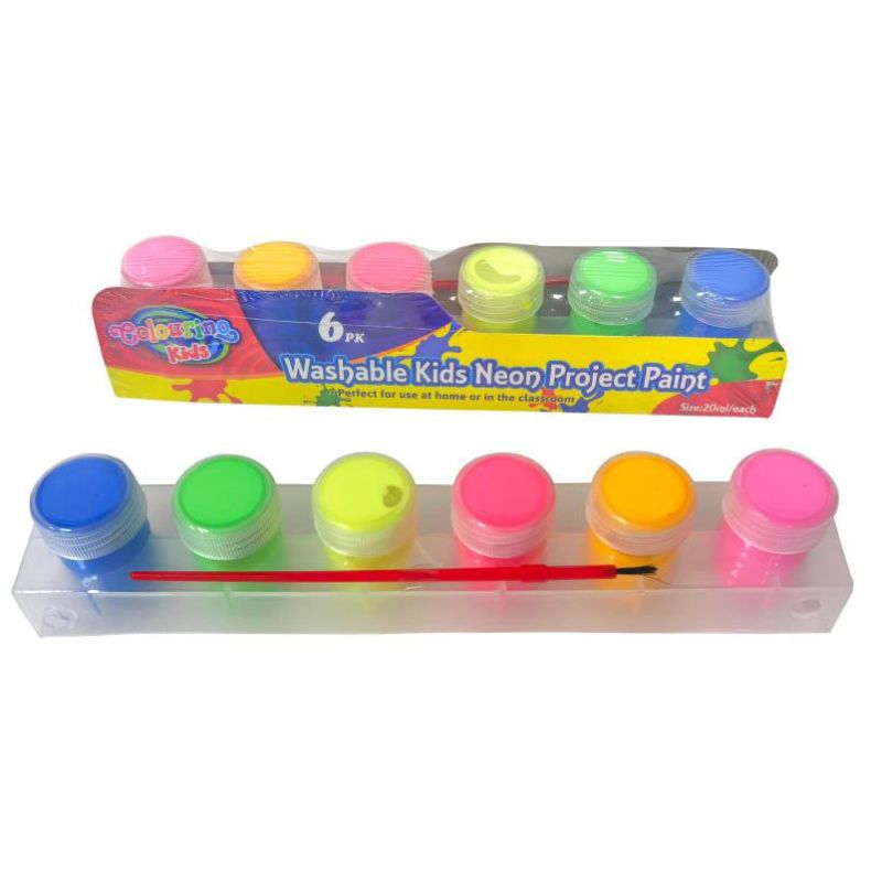 6 Pack Kids Washable Neon Colours Project Paint - 20ml