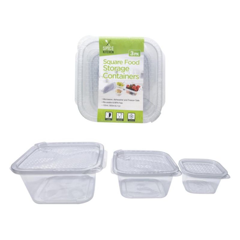 3 Pack Square Reusable Plastic Food Storage Containers