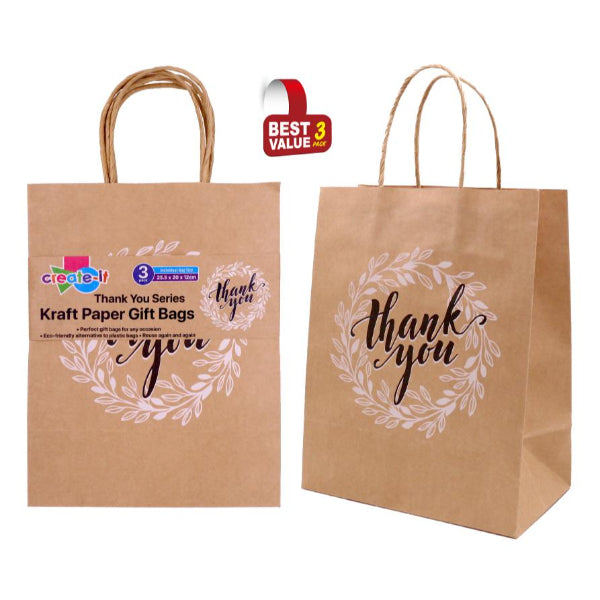 3 Pack Thank you Craft Gift Bags - 25.5.cm x 20cm x 12cm