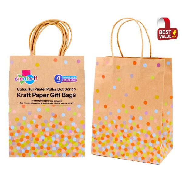 4 Pack Colourful Pestel Polka Dot Craft Gift Bags - 20cm x 15Ccm x 9cm