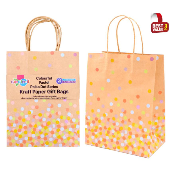 3 Pack Colourful Pastel Polka Dot Craft Gift Bags - 25.5cm x 20cm x 12cm