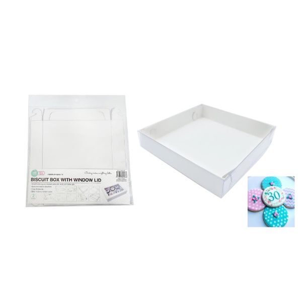 White Biscuit Box With Window Lid - 15.5cm x 15.5cm x 3cm