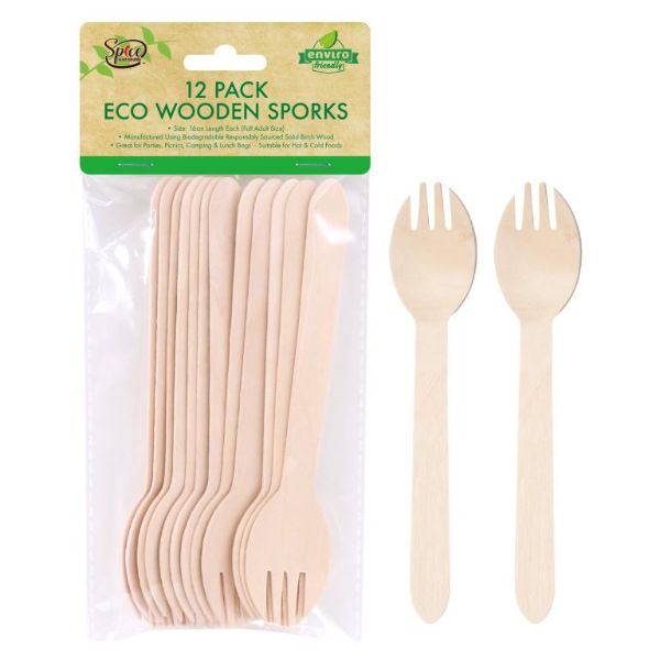 12 Pack Eco Wooden Cutlery Sporks - 16cm x 3.2cm