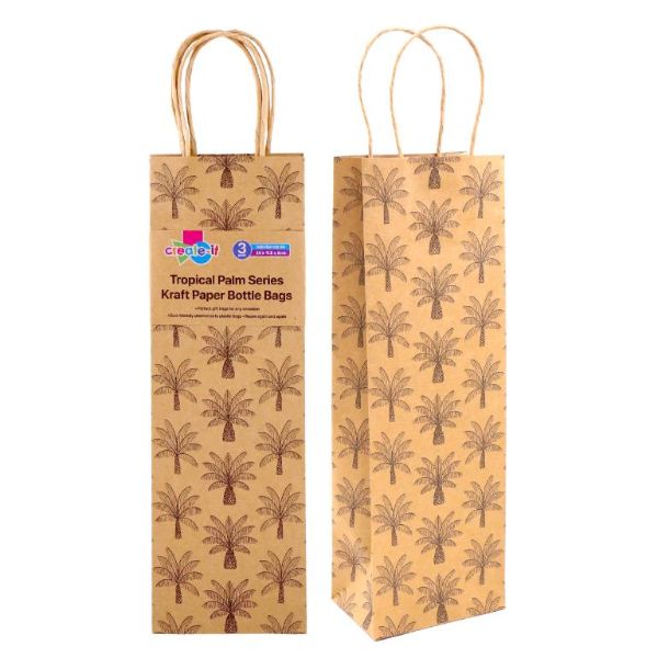 3 Pack Tropical Palm Kraft Paper Bottle Bags - 35cm x 11.5cm 8cm