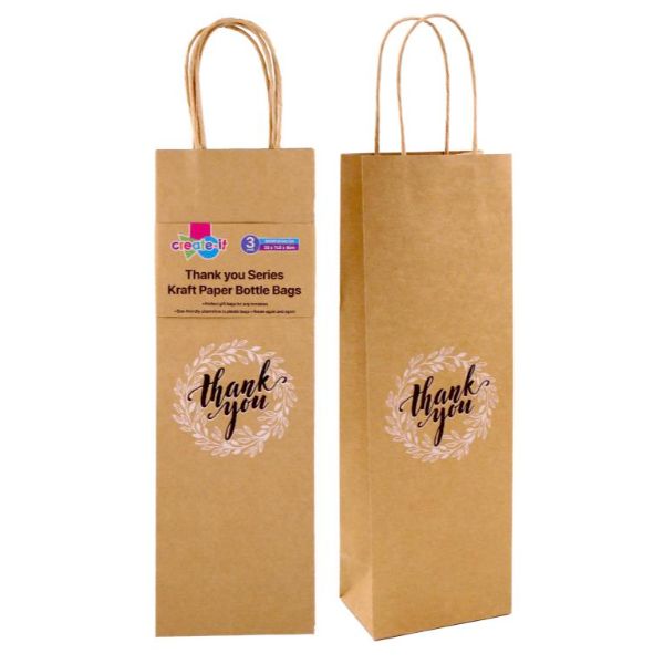 3 Pack Thank You Craft Paper Bottle Bags - 35cm x 1.5cm x 8cm