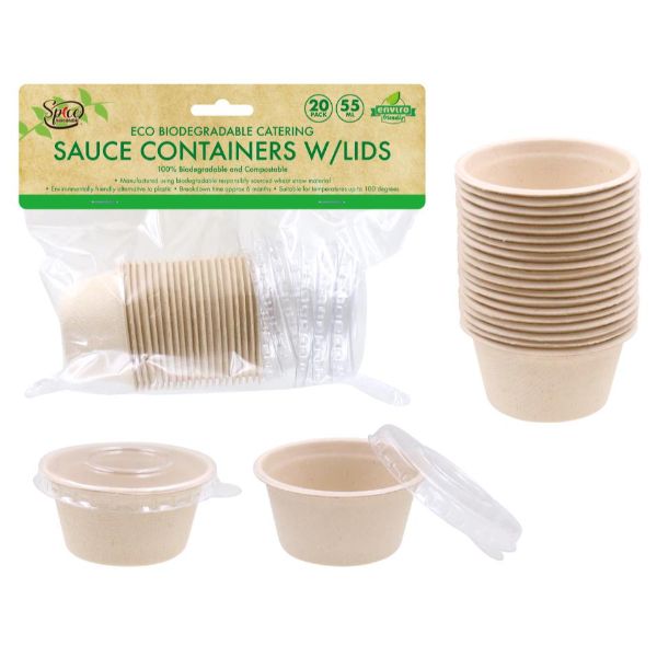 20 Pack Eco Biodegradable Catering Sauce Containers With Lids - 55ml