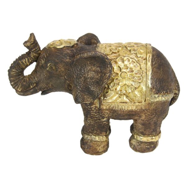 Brown Elephant with Gold Decal Flower Accents - 17cm