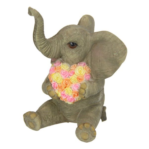 Cute Sitting Elephant Holding Colourful Floral Heart - 10cm
