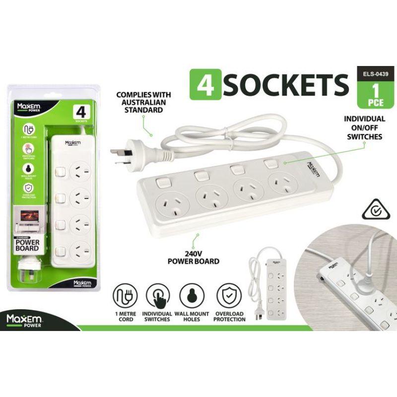 Maxem 4 Sockets Power Board with 4 Switches