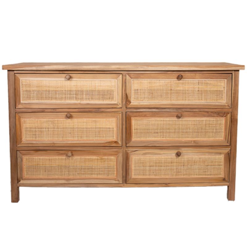 Solid Teak Dresser with 6 Drawers with Rattan Webbing - 145cm x 46cm x 86cm