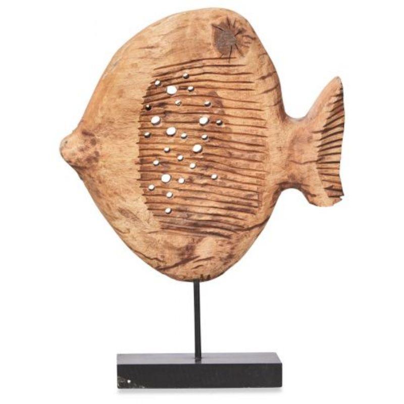 Neptune Chiselled Mango Wood Tall Fish on Stand - Natural/Black - 38cm x 48.5cm