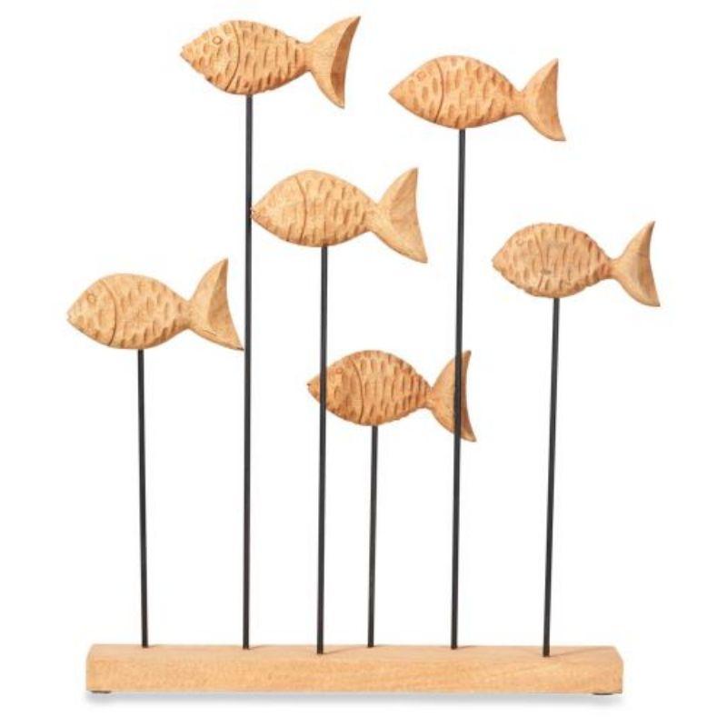 Mango Wood Chiselled School of Fish on Stand - Natural - 56cm x 64cm