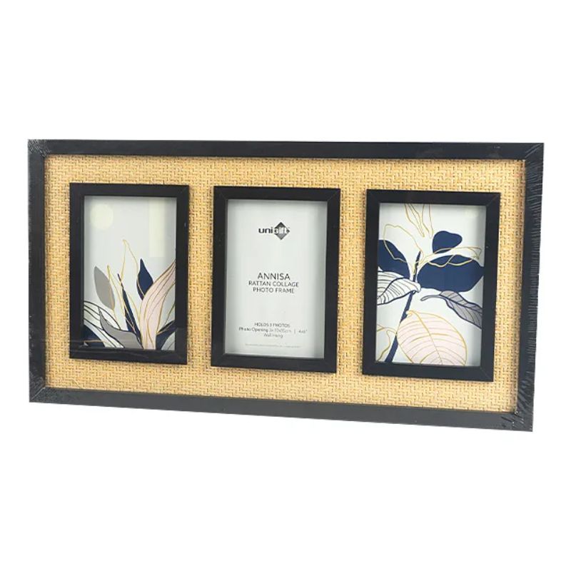 Black & Natural Annisa Rattan 3 Photo Collage Photo Frame - 10cm x 15cm