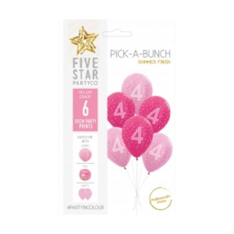 Pick-A-Bunch 6 Pack Pink/White 4th Birthday Girl Latex Balloons - 30cm - The Base Warehouse