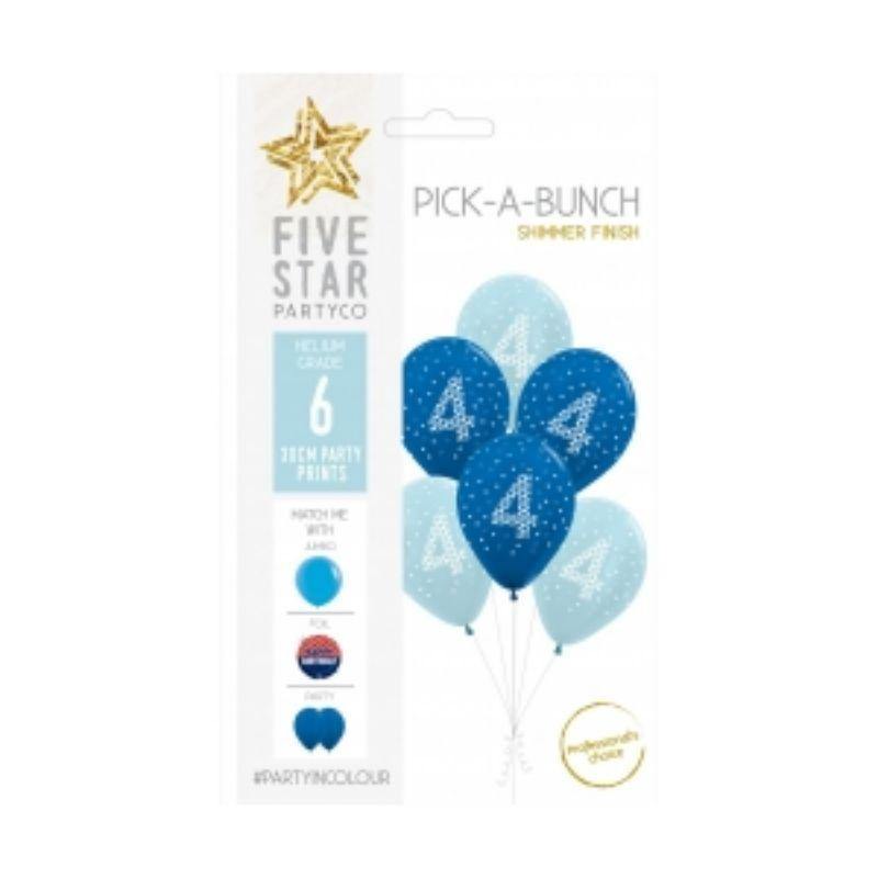 Pick-A-Bunch 6 Pack Blue/White 4th Birthday Boy Latex Balloons - 30cm - The Base Warehouse