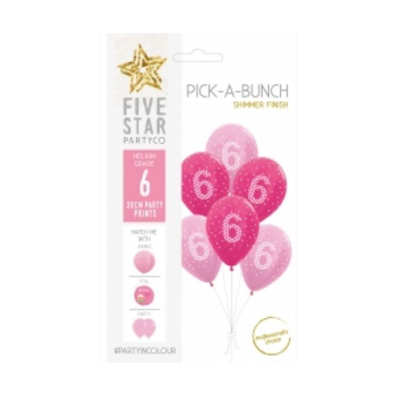 6 Pack 6th Birthday Girl Shimmer Pink Latex Balloons - 30cm