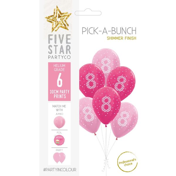 6 Pack Pink And White Pick-A-Bunch 8th Birthday Girl Balloons - 30cm